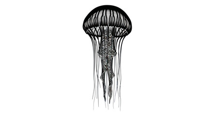 Elegant black and white jellyfish illustration with detailed tentacles design and intricate