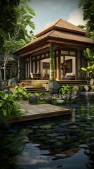 Fototapeta premium Tranquil tropical sanctuary: Harmonious integration of architecture and lush, natural surroundings
