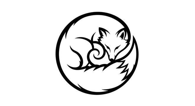 Elegant stylized fox curled within a circular frame conveying tranquility and nature connection - Powered by Adobe