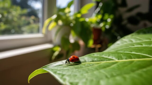Close-up of a ladybug on a vibrant green leaf with natural light, plant and window in background, nature background