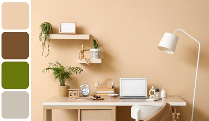 Inventor's workplace near beige wall. Different color patterns