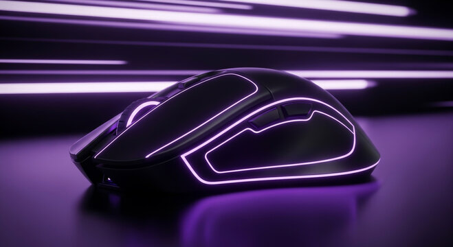 Sleek futuristic mouse with neon purple glow on a black body, set against a vibrant purple background with dynamic light streaks on a reflective surface