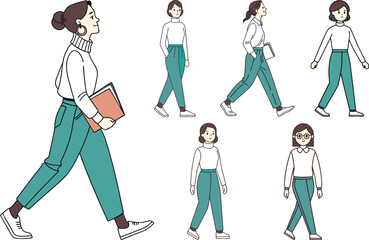 Flat Minimal Vector Illustration of a Female Teacher Walking in Professional Outfit