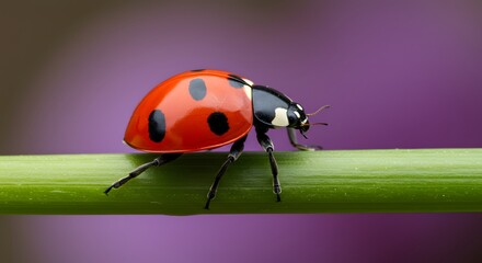 Naklejka premium A ladybug with black spots crawling on a green stem set against a blurred purple background