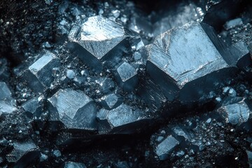 Close-up of metallic, crystalline structures, exhibiting sharp edges and dark, bluish hues.