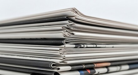A stack of newspapers, tightly folded and layered, with various printed pages visible.