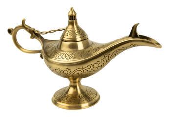 Ornate Brass Aladdin Magic Lamp with Intricate Engravings on Black aladdin lamp genie lamp isolated on a transparent background