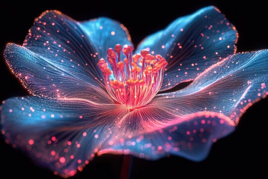 A vibrant, glowing flower with intricate details, radiating pink and blue light against a transparent background.