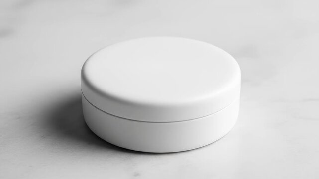 White round cosmetic jar on marble background. Mockup blank container for beauty product, cream or powder.