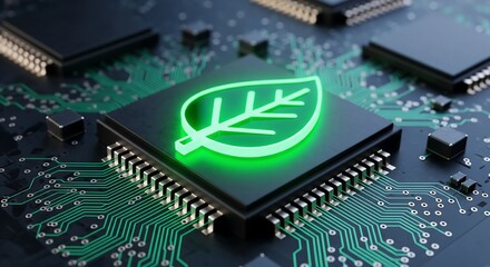 A glowing green leaf symbol embedded on a computer chip, representing sustainable technology.