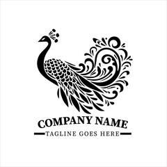 Elegant Peacock Vector in Batik Style, Minimalist Black and White Ornamental Bird Illustration, Exotic Peacock Feathers Design, Traditional Culture Inspired Animal Logo, Decorative Mandala Artwork