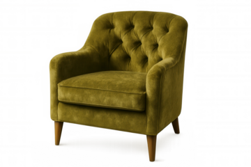 Modern green velvet armchair with tufted backrest and wooden legs, isolated on transparent background, perfect for interior design projects