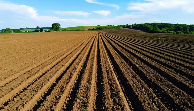 Apricot Field with Parallel Rows Under a Blue Sky