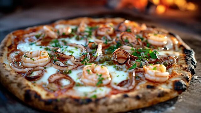 薪窯焼きシーフードピザの一切れを持ち上げる写真