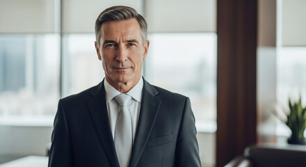 Fototapeta premium Executive confident senior business man specialist looking at camera. Portrait of mature professional boss, leader, ceo, male bank manager businessman in suit standing in office workplace. Copy space