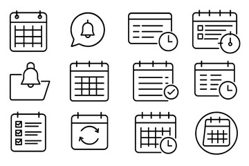 Calendar and clock outline icon set. timely scheduling and planning icons collection