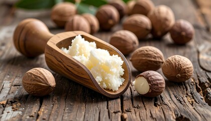 Shea butter in a wooden scoop, surrounded by nuts