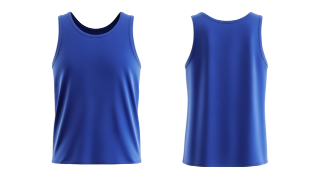 Plain Blue Sleeveless Shirt/tank top, Mockup Front and Back Views Realistic 3D Rendering on transparent background