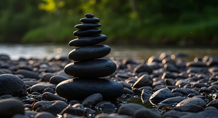 Fototapeta premium Stacked Black Stones on Pebble Beach with Green Background