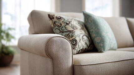 Soft fabric loveseat in crisp detail gentle bokeh effect emphasizing its inviting texture and plush seating ideal for casual comfort and leisure.