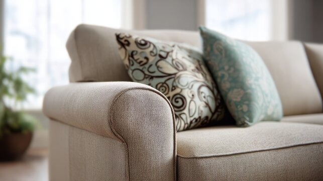Soft fabric loveseat in crisp detail gentle bokeh effect emphasizing its inviting texture and plush seating ideal for casual comfort and leisure.