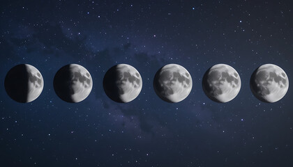 Lunar phases progression displayed against a starry night sky backdrop.