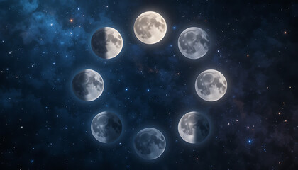 Lunar phases cycle displayed against a starry night sky backdrop.