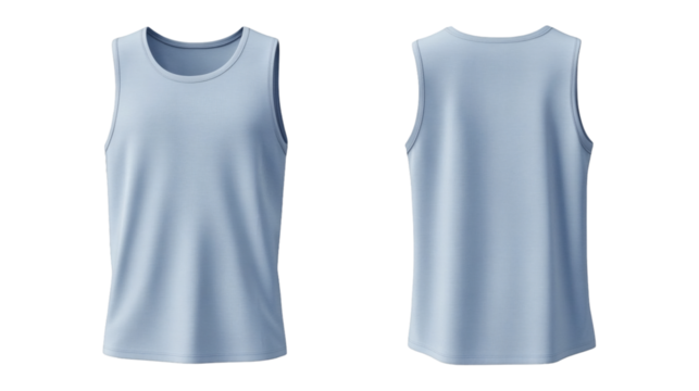 Plain Light Blue Sleeveless Shirt/tank top, Mockup Front and Back Views Realistic 3D Rendering on transparent background
