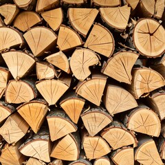 Fototapeta premium Stacked firewood, close-up view of cut logs