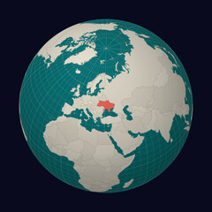 Ukraine on the map. Globe centered to Ukraine. Country location on the world map. Teal Pale Mint color palette. Globe with countries, meridians and parallels. Awesome vector illustration.