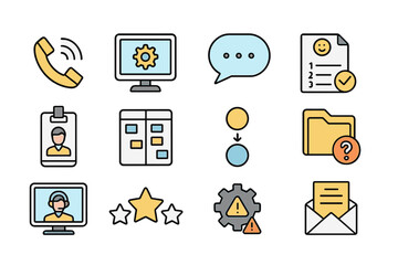 Communication and work flat icon set. office, chat, and document management icons