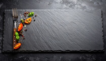 Black Slate Placemat with Herbs Spices and Cherry Tomatoes