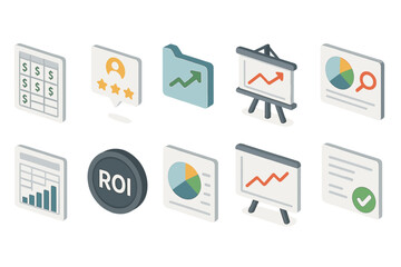 Obraz premium Business analytics icon set. flat data, chart, roi, growth, finance icons collection