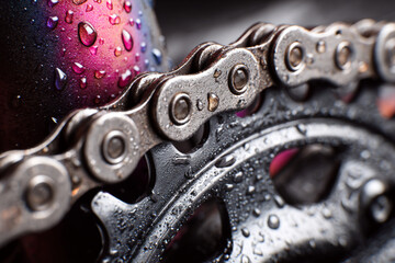Close-up of a bicycle chain with water droplets on a rainy day