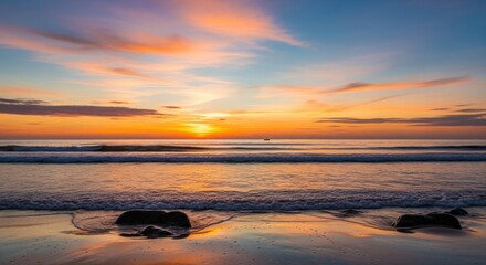 Vibrant sunrise over a tranquil beach.  Sunrise colors paint the sky in warm hues of orange, pink, and gold, reflecting on the calm ocean waves