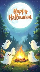A delightful, cartoonish picture of several amiable, translucent ghosts playingfully floating around a glowing bonfire in a moonlit forest clearing is depicted in this Halloween card image.