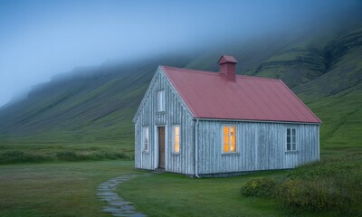 Obraz premium Rustic cottage nestled in a valley at dusk
