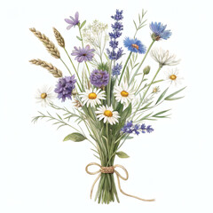 Fototapeta premium Wildflower Bouquet with Daisies and Lavender Isolated on White