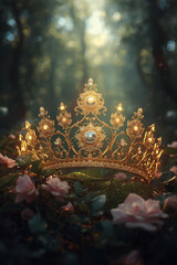 Fototapeta premium Opulent Golden Crown Hidden in a Mystical Forest