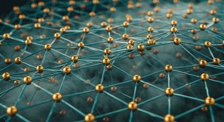 Abstract network connections, golden nodes on teal lines, data flow, digital technology, modern connectivity concept.