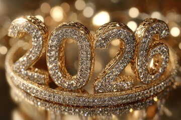 Glistening Diamond-Encrusted 2026 Numbers on Gold Base, Festive Bokeh, New Years Luxury.