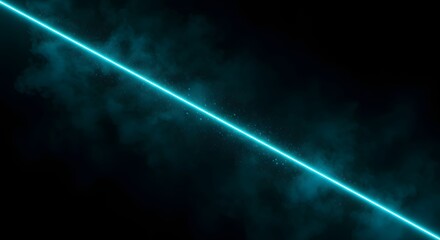 Vibrant cyan neon line cutting through dark smoke, abstract energy flow, futuristic digital art.