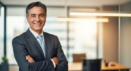 Handsome hispanic senior business man with crossed arms smiling at camera. Indian or latin confident mature good looking middle age leader male businessman on blur office background with copy space. 