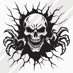 Obraz premium Terrifying skull emerging from cracked surface with clawed hands reaching out scary horror graphic