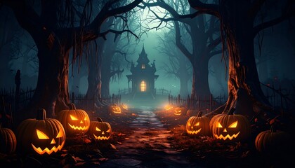 Spooky Halloween forest path with pumpkins