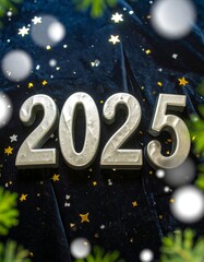 Silver 2025 numerals on dark blue velvet with holiday embellishments