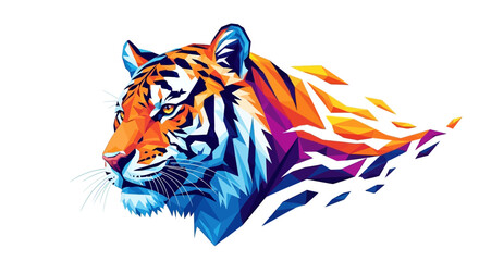 Abstract vector art of a tiger's head morphing into a complex geometric pattern, vibrant colors, low poly style, isolated on white background.