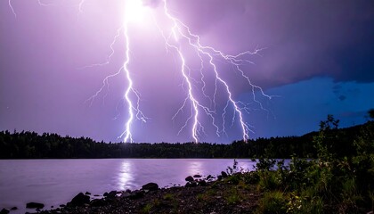 Powerful lightning strikes over a tranquil lake