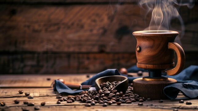 Coffee grinder mockup with steaming cup and roasted beans, warm dark wood background, cozy lifestyle stock photo.