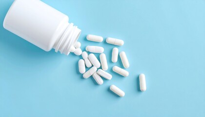 White pills spilled from a white bottle on a light-blue surface